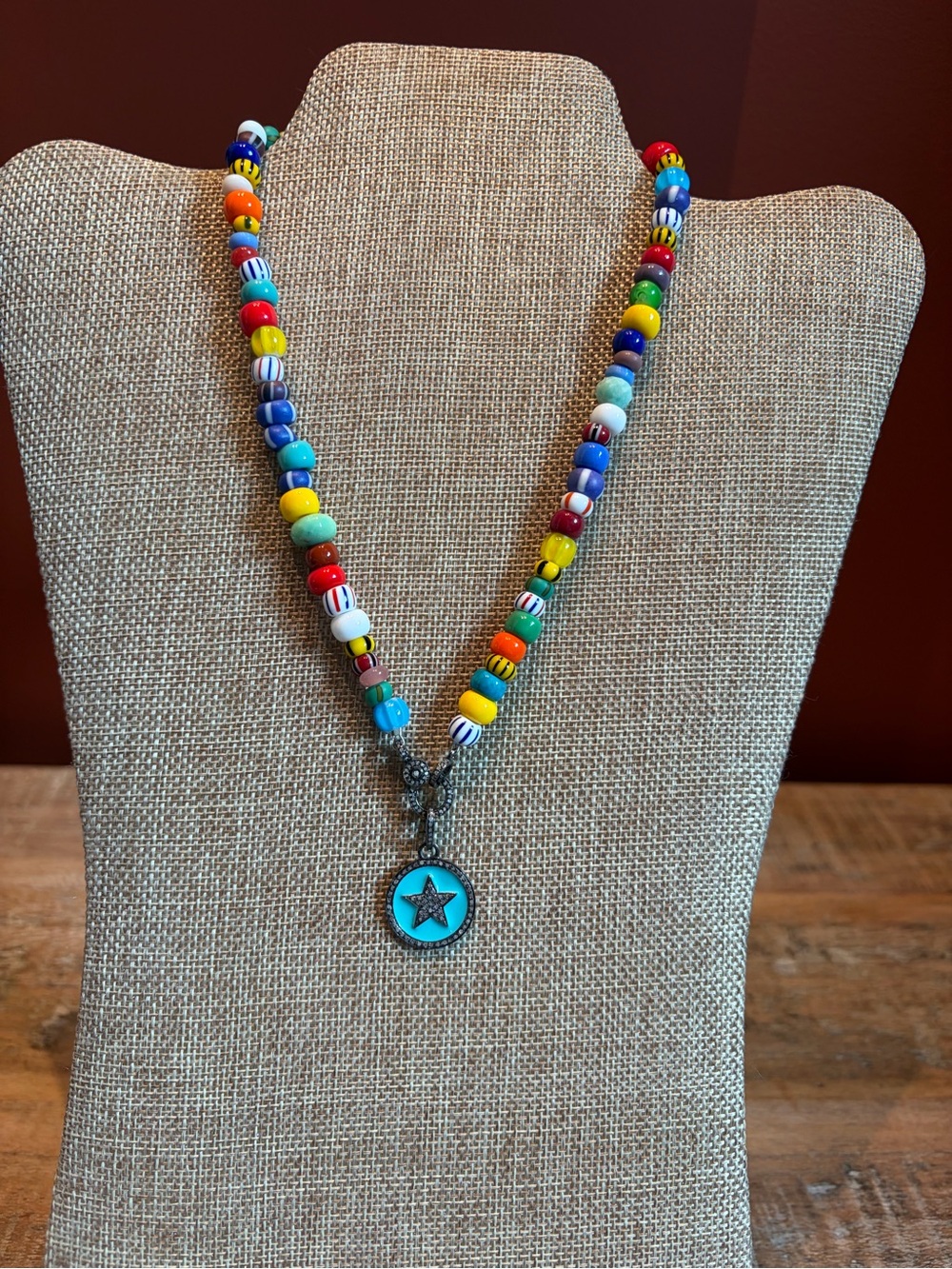 Multicolor Beaded Necklace with Turquoise Star Pave Diamond Enamel Pendant